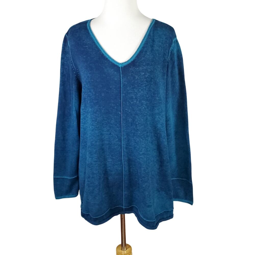 Habitat Blue V-neck Top Relaxed Fit Heathered High Low Hem Side Vents Sz M